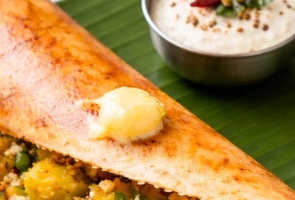 Mysore Butter Masala Dosa ( 2 pieces ) served with potato paliya and coconut chutney
