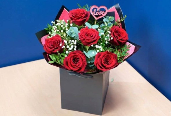 6 Valentines Red Rose Hand-tied with Gyp