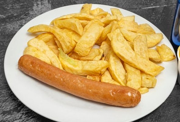 Any Sausage or Fish Cake, Chips, and Sauce