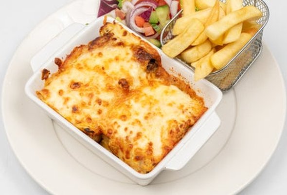 -Beef lasagne, chips and side salad