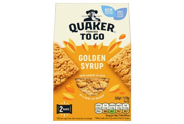 Quaker Porridge To Go Golden Syrup Breakfast Bars 2x55g