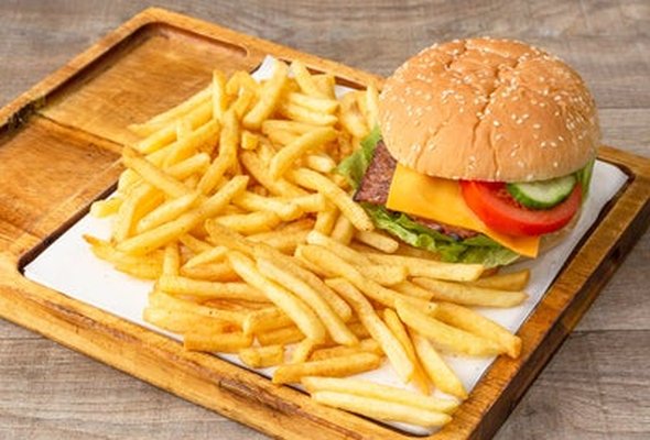 Gourmet Beef Burger (8oz) with Chicken Rashers and Fries