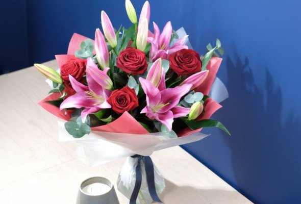 Valentines Red Rose & Lily Hand-tied
