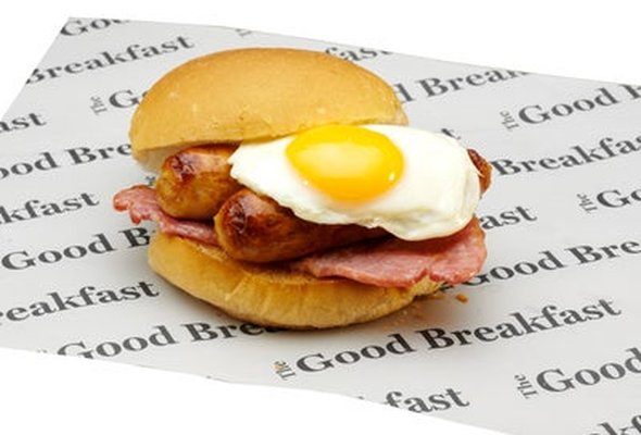 Sausage, Bacon & Egg Bap with 2 Hash Browns