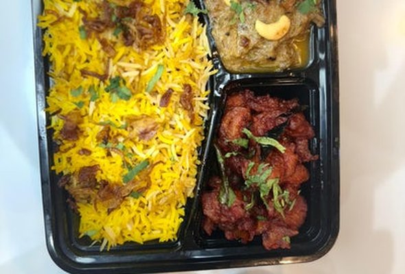 Iftar Box 1, Chicken Biryani, Haleem, Chicken 65, Dates 2, Water 500ml
