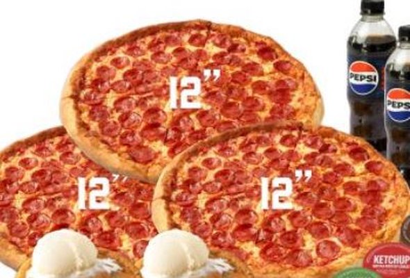 Any 3x 12" Pizza + 3x Dips + 2x Cookie Dough & Ice Cream + 2x Drinks