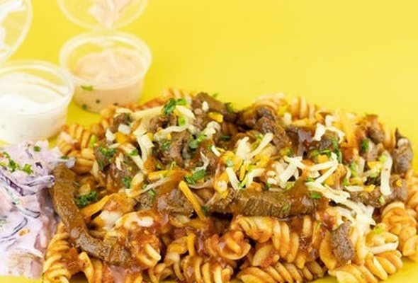 Beef Steak, Pasta, and Coleslaw