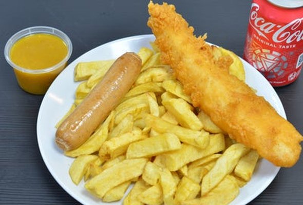 Small Fish & Chips, Small Sausage & Drink
