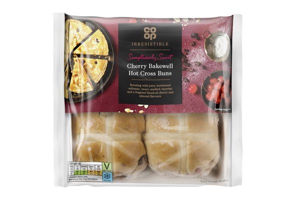 Co-op Irresistible 4 Cherry Bakewell Hot Cross Buns