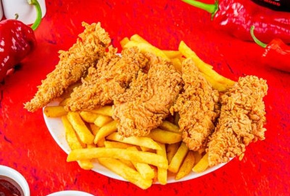 Five Spicy Chicken Strips with Fries and Drink