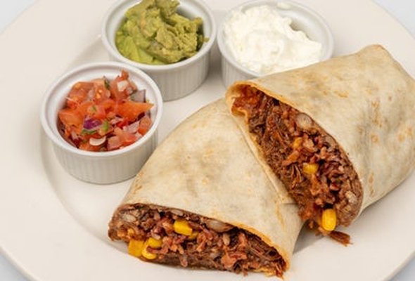 -Beef barbacoa, refried beans, corn Mexicana, red rice (main dish only)