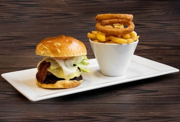 Double Mighty Burger, Chips and Onion Rings