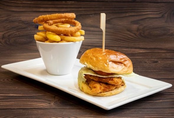 Double Mighty Chicken Burger, Chips and Onion Rings