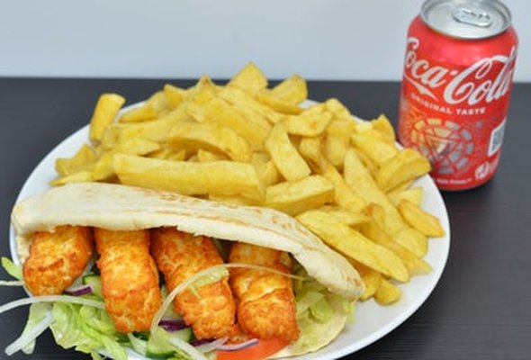 Halloumi Pitta, Cone of Chips & Drink