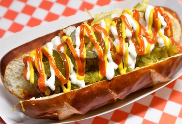 Quorn Hot Dog - Vegan Bun - Vegan Cheese - Ketchup - Mustard - Crispy Onion - fresh fries