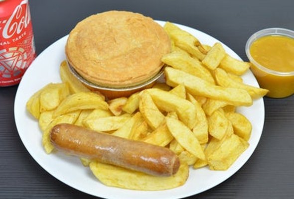 Any Pie & Chips, 4oz Hot Sauce, Small Sausage & Drink