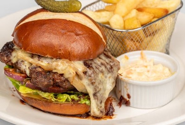 -Jack Daniels burger; Jack Daniels glaced 6 oz patty, Monterey Jack cheese, sauteed onions,