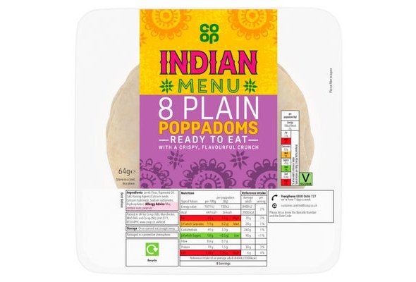 Co-op Indian Style 8 Plain Poppadoms 64g