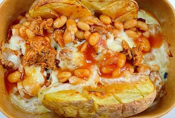 Jacket Potato with Chicken Tikka, Cheese, and Beans