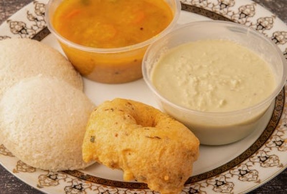Idli 2 Pieces and Vada 1 Piece and Sambar and Chutney