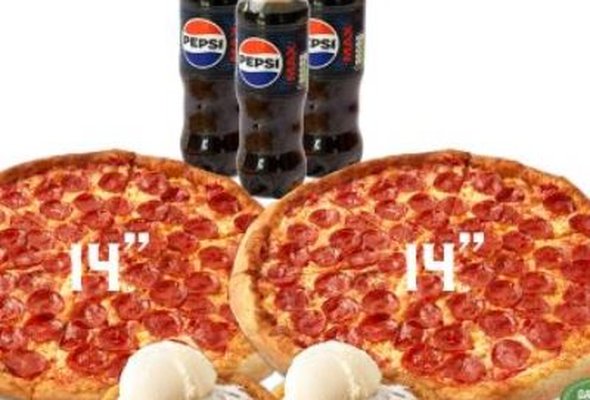 Any 2x 14" Pizza + 4x Dips + 3x Drinks + 2x Cookie Dough & Ice Cream