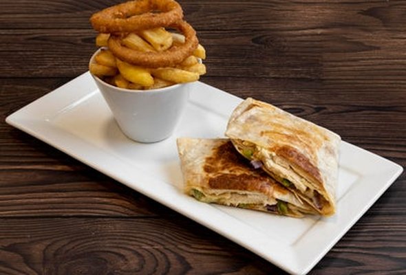 Sweet Chilli Chicken Wrap, Chips, and Onion Rings