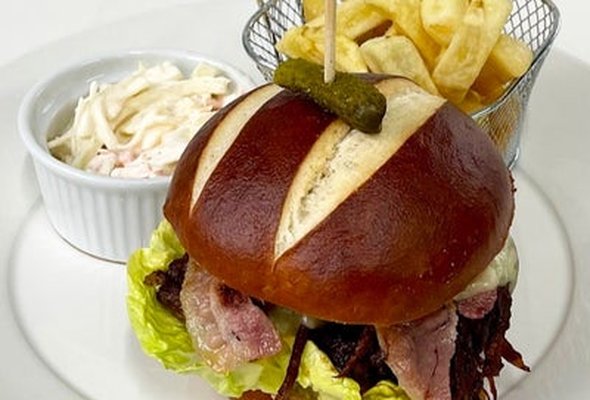 -Carnivore burger; 6oz patty, pulled beef barbacoa, bacon, Monterey Jack cheese