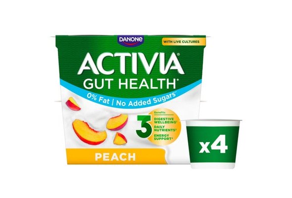 Activia Peach No Added Sugar Fat Free Gut Health Yoghurt Multipack 4x115g