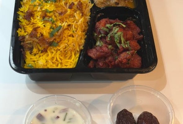 Iftar Box 2, Lamb Biryani, Haleem, Chicken 65, Dates 2, Water 500ml