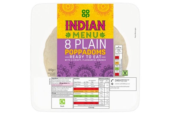 Co-op Indian Menu 8 Plain Poppadoms 64g